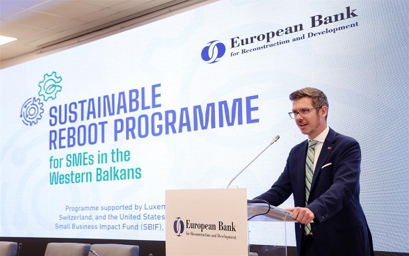 Deputy Head of Mission at the Embassy of Switzerland, Philipp Arnold, launching the SME Reboot programme with the EBRD. 