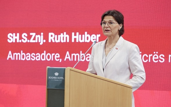 $wiss Ambassador in Albania Ruth Huber speaking at the presentation of the E-legislation platform.