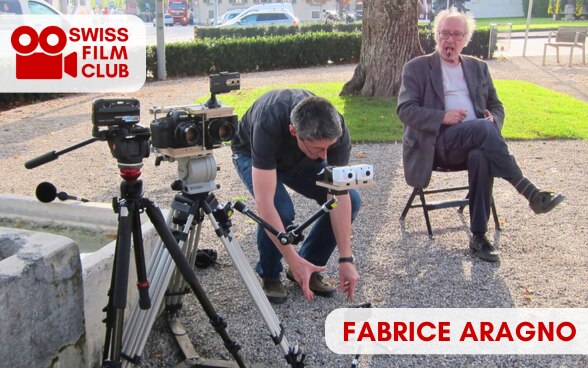 Fabrice Aragno (à gauche) et Jean-Luc Godard (à droite) sur le tournage de "Adieu au langage" (2014).