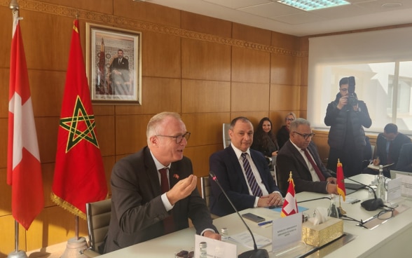 Son Excellence Monsieur l'Ambassadeur Valentin Zellweger et le Ministre du Commerce et de l'Industrie Ryad Mezzour pour le lancement officiel du Swiss PartnershIP Morocco à Casablanca