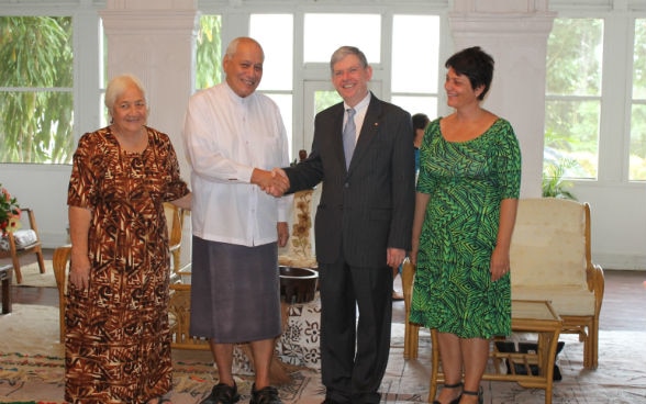 From left: Mrs. Masiofo Filifilia Tamasese, His Highness Tui Atua Tupua Tamasese Efi, David Vogelsanger, Honorary Consul General Sylvie Salanoa