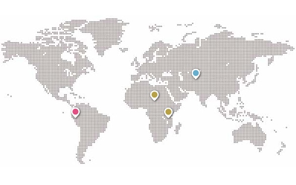 mappemonde avec quatre points en couleur