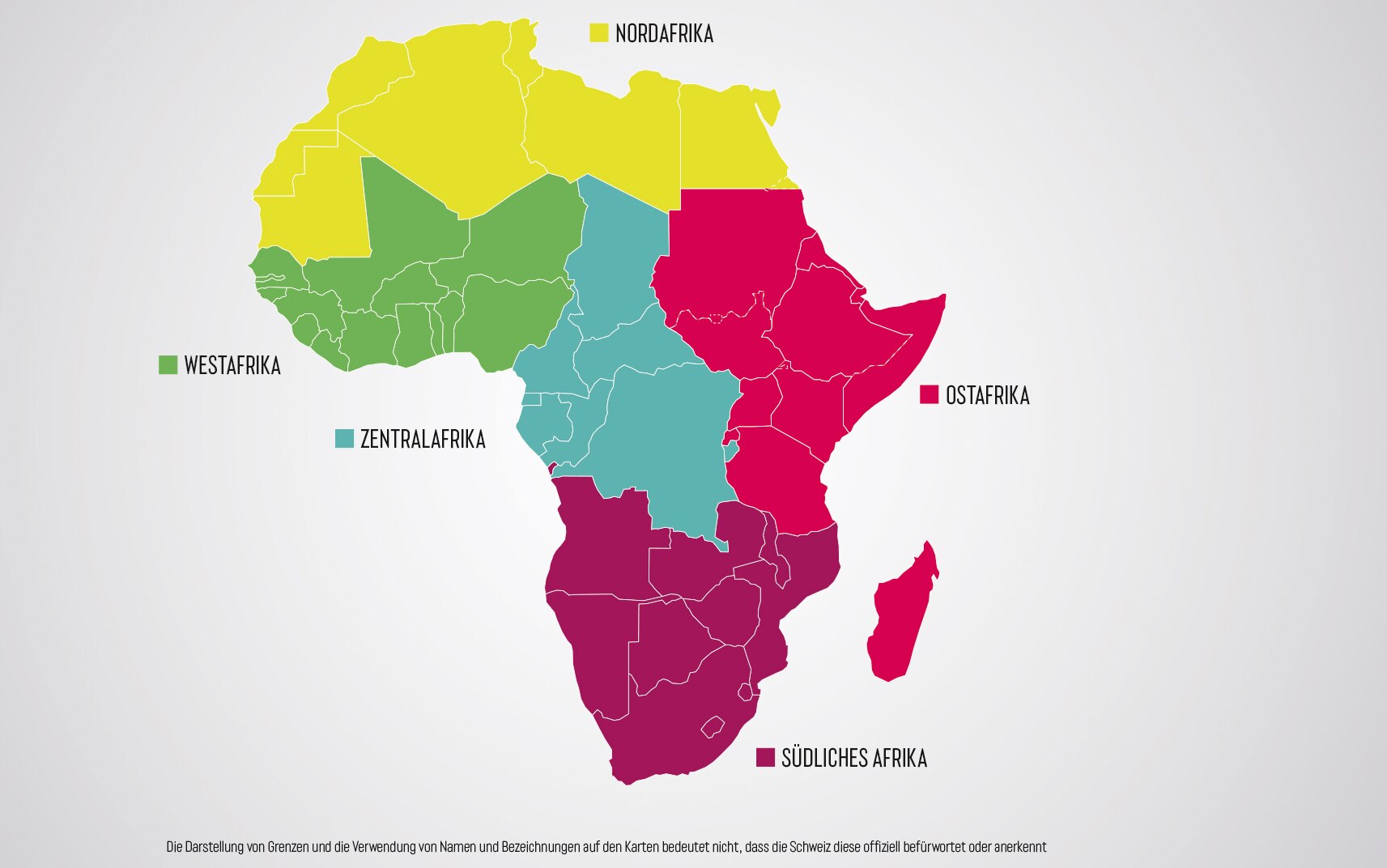 Eine Karte von Afrika, auf der die fünf Schwerpunktregionen der Afrika-Strategie 2025-2028 ausgewiesen sind.
