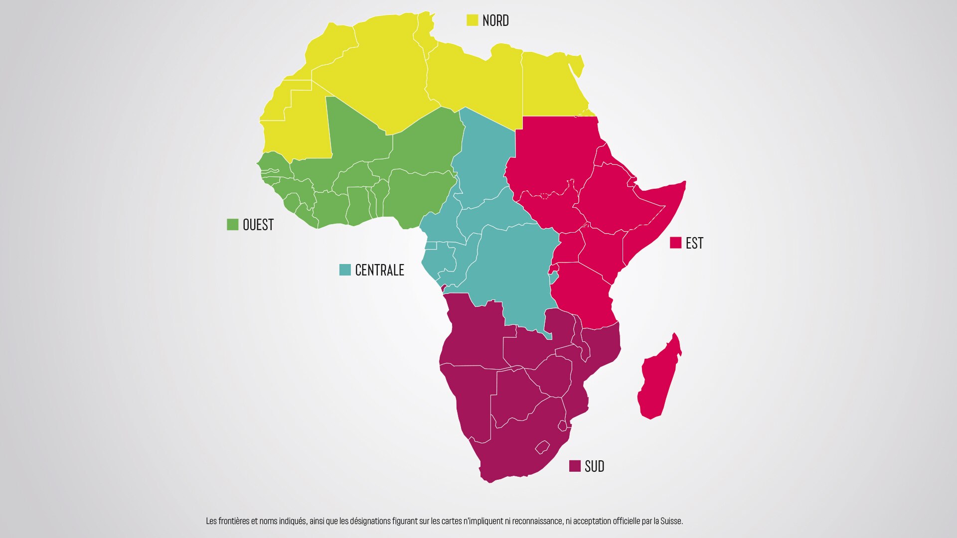 Une carte de l’Afrique où sont identifiées les cinq régions prioritaires de la Stratégie Afrique 2025-2028.