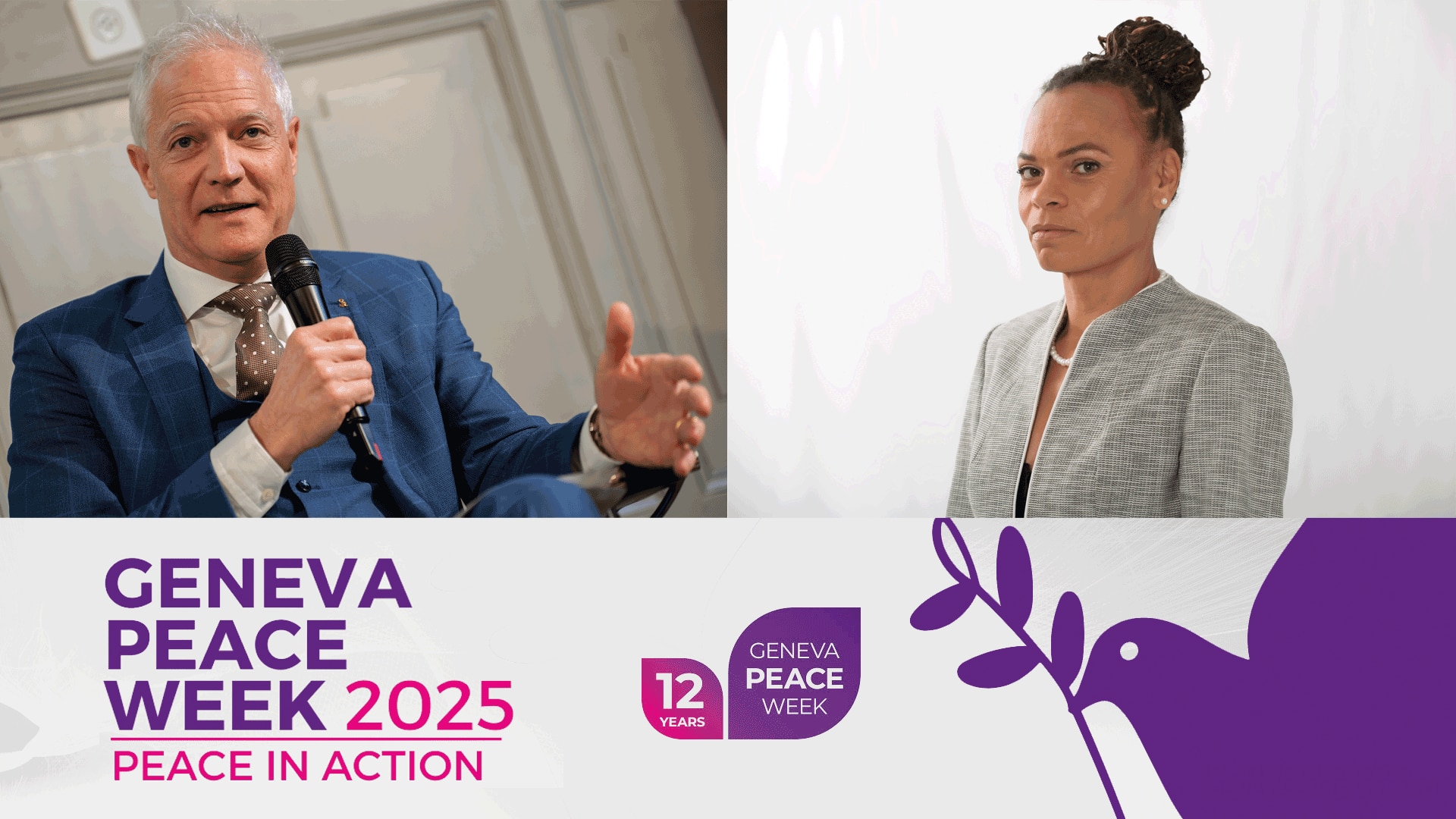 The image shows the official banners of Geneva Peace Week with the slogan ‘Peace in Action’ and portrait photos of Patricia Danzi and Tim Enderlin.
