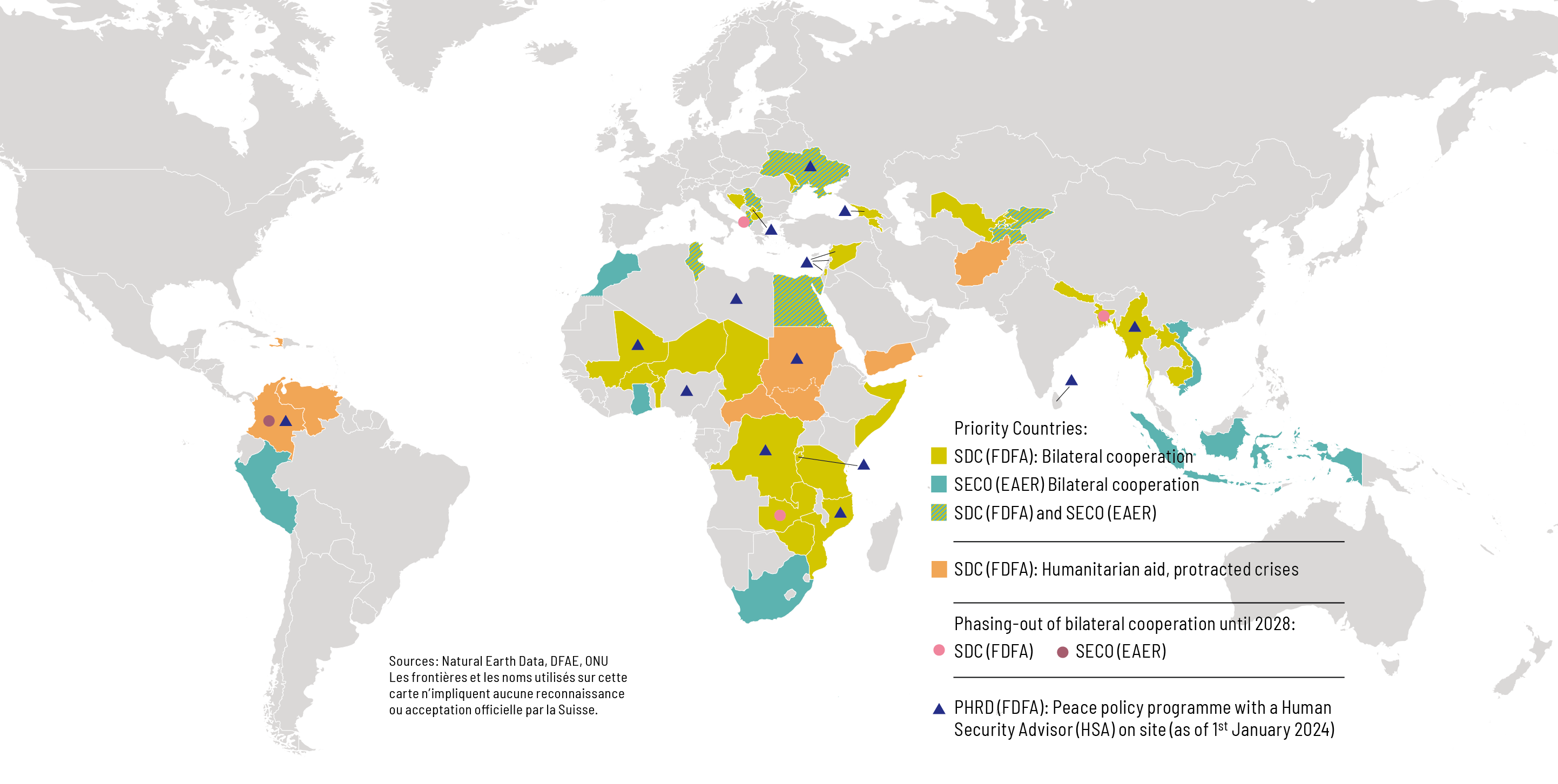 The map shows the priority countries as set out in Switzerland’s International Cooperation Strategy 2025-2028. 