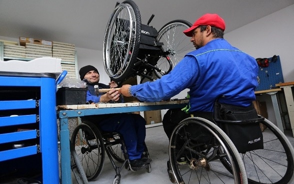 Alcuni collaboratori realizzano una sedia a rotelle 